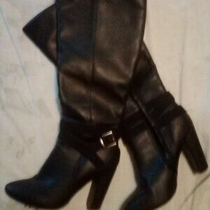 Black Faux Leather Calf Boots for Women – 4 Inch Heel, Ankle Buckle, 19” Stylish